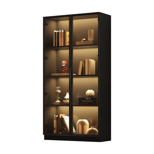 Vitrine Moderne Noir H.160cm Avec LED, 2 Portes Vitrées, 4 Niveaux De Rangement Réglables
