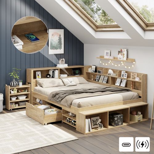 Lit Adulte 140x200 Cm, Lit Jeune Avec Table De Chevet Gigogne, Tiroir, Étagère Et Rangement, Naturel