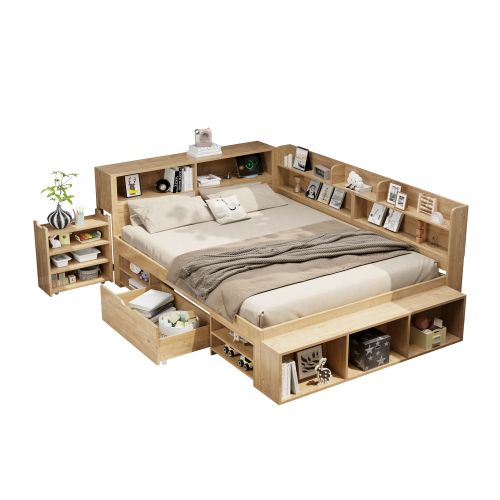 Lit Adulte 140x200 Cm, Lit Jeune Avec Table De Chevet Gigogne, Tiroir, Étagère Et Rangement, Naturel