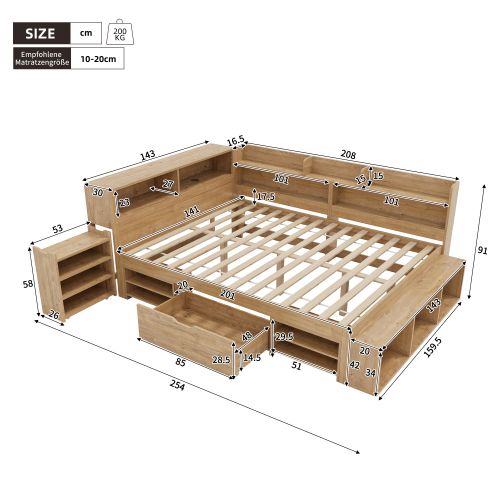 Lit Adulte 140x200 Cm, Lit Jeune Avec Table De Chevet Gigogne, Tiroir, Étagère Et Rangement, Naturel