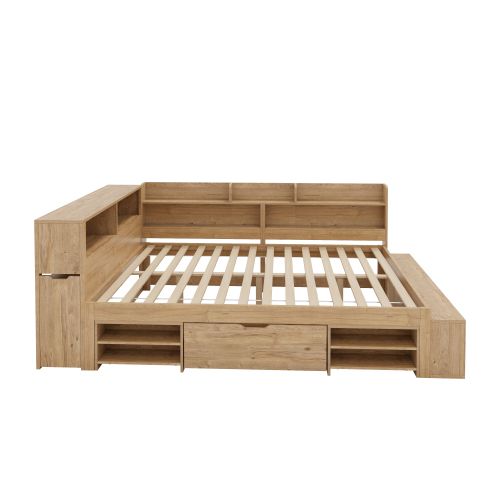 Lit Adulte 140x200 Cm, Lit Jeune Avec Table De Chevet Gigogne, Tiroir, Étagère Et Rangement, Naturel