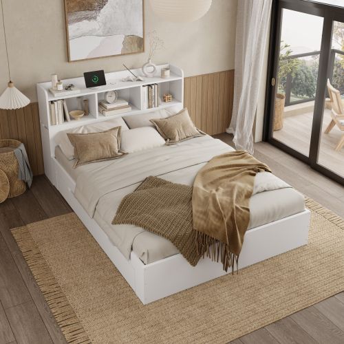 Lit Adulte 140x200 Cm, Lit Jeune Avec 4 Tiroir, Tête De Lit Rangement, 2 Chevets Gigognes, Blanc