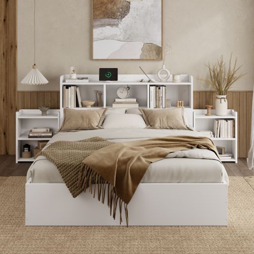 Lit Adulte 140x200 Cm, Lit Jeune Avec 4 Tiroir, Tête De Lit Rangement, 2 Chevets Gigognes, Blanc