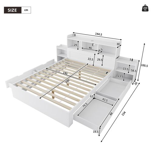 Lit Adulte 140x200 Cm, Lit Jeune Avec 4 Tiroir, Tête De Lit Rangement, 2 Chevets Gigognes, Blanc
