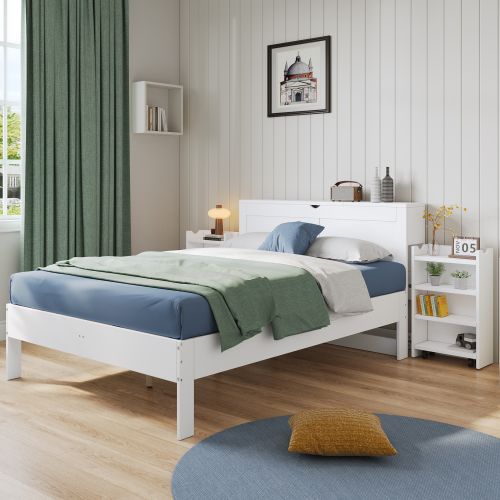 Lit Adulte 140x200 Cm, Lit Jeune Avec Tête De Lit Rangement, 2 Chevets Gigognes, Blanc