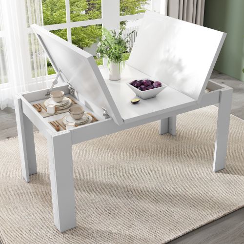 Table à Manger Rectangulaire Avec Rangement, 4 Pieds, Blanc