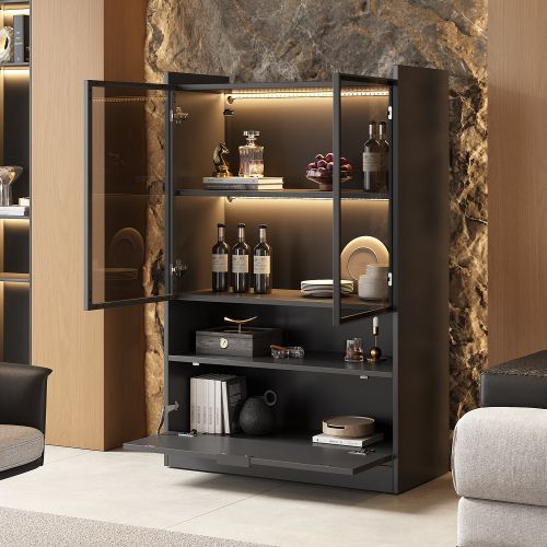 Vitrine Noire Mate Avec Éclairage LED, 2 Portes Vitrées Et 1 Porte à Abattant, Rangement Ouvert