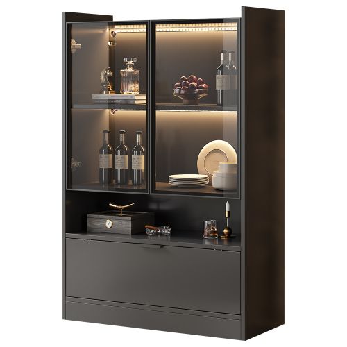 Vitrine Noire Mate Avec Éclairage LED, 2 Portes Vitrées Et 1 Porte à Abattant, Rangement Ouvert