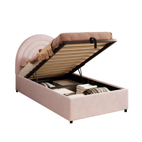 Lit Coffre Enfant 90x200 Cm, Lit Simple, Avec Sommier à Lattes Et Tête De Lit, En Velours, Rose