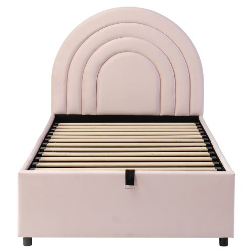 Lit Coffre Enfant 90x200 Cm, Lit Simple, Avec Sommier à Lattes Et Tête De Lit, En Velours, Rose