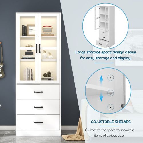 Vitrine Blanche Avec Éclairage LED, 3 Tiroirs Et 2 Séparateurs Amovibles, 2 Portes Vitrées