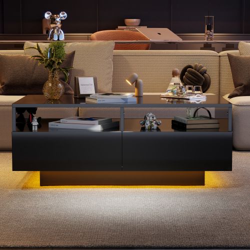 Table Basse Rectangulaire Noire Brillante Avec Éclairage LED, 4 Tiroirs, 2 Rangements Ouverts