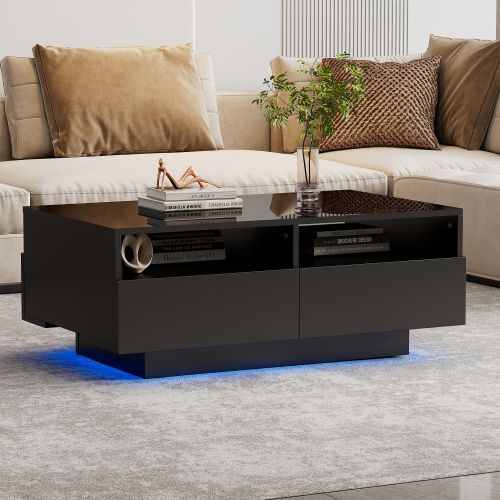 Table Basse Rectangulaire Noire Brillante Avec Éclairage LED, 4 Tiroirs, 2 Rangements Ouverts
