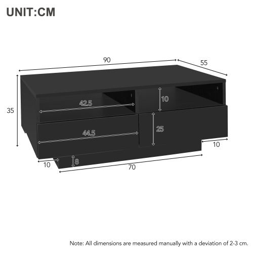 Table Basse Rectangulaire Noire Brillante Avec Éclairage LED, 4 Tiroirs, 2 Rangements Ouverts