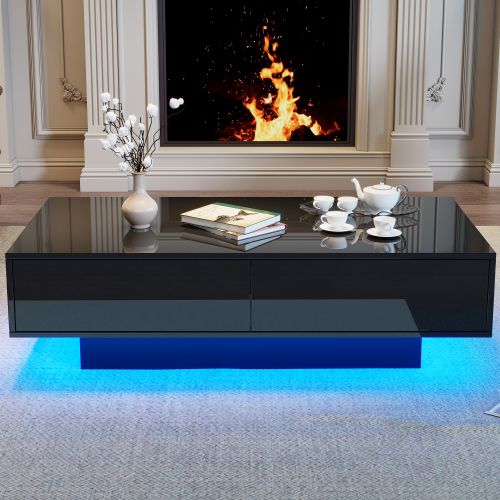 Table Basse Rectangulaire Noire Brillante Avec 2 Tiroirs, Éclairage LED