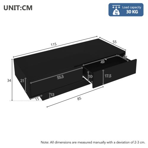 Table Basse Rectangulaire Noire Brillante Avec 2 Tiroirs, Éclairage LED