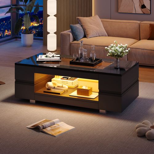 Table Basse Rectangulaire Noire Brillante Avec Éclairage LED, Design Creux, Plateau En Verre