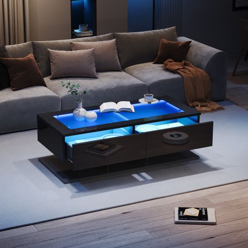 Table Basse Rectangulaire Noire Avec 2 Tiroirs, Éclairage LED, Plateau En Verre