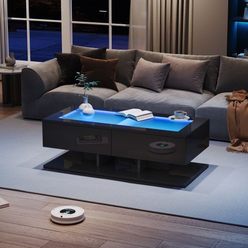 Table Basse Rectangulaire Noire Avec 2 Tiroirs, Éclairage LED, Plateau En Verre