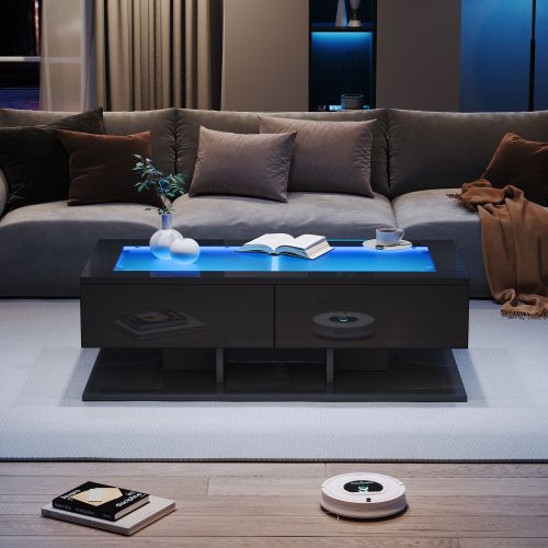 Table Basse Rectangulaire Noire Avec 2 Tiroirs, Éclairage LED, Plateau En Verre