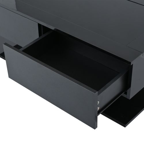 Table Basse Rectangulaire Noire Avec 2 Tiroirs, Éclairage LED, Plateau En Verre