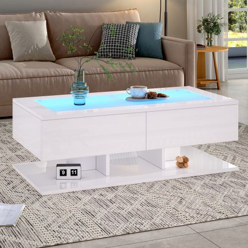 Table Basse Rectangulaire Blanche Avec 2 Tiroirs, Éclairage LED, Plateau En Verre