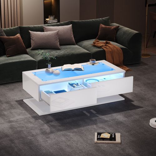 Table Basse Rectangulaire Blanche Avec 2 Tiroirs, Éclairage LED, Plateau En Verre