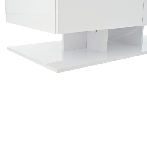 Table Basse Rectangulaire Blanche Avec 2 Tiroirs, Éclairage LED, Plateau En Verre