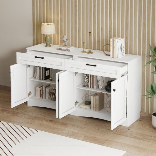 Buffet De Salon, Buffet Blanc Avec 2 Tiroirs, 4 Portes, Design Incurvé, Poignées Noires