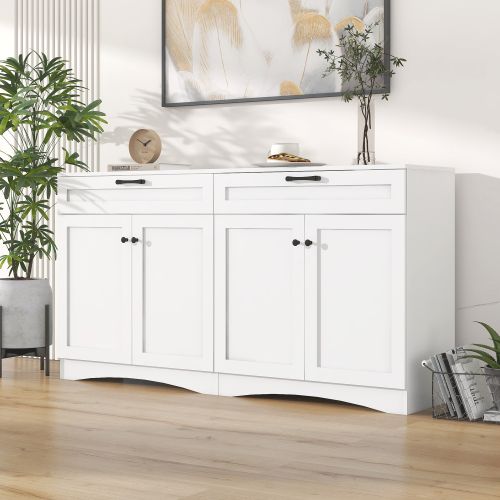 Buffet De Salon, Buffet Blanc Avec 2 Tiroirs, 4 Portes, Design Incurvé, Poignées Noires