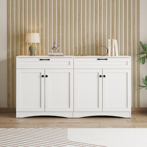 Buffet De Salon, Buffet Blanc Avec 2 Tiroirs, 4 Portes, Design Incurvé, Poignées Noires