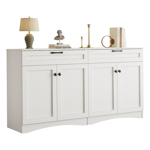 Buffet De Salon, Buffet Blanc Avec 2 Tiroirs, 4 Portes, Design Incurvé, Poignées Noires