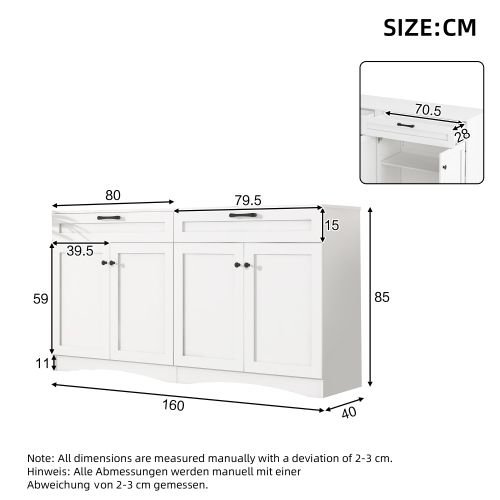 Buffet De Salon, Buffet Blanc Avec 2 Tiroirs, 4 Portes, Design Incurvé, Poignées Noires