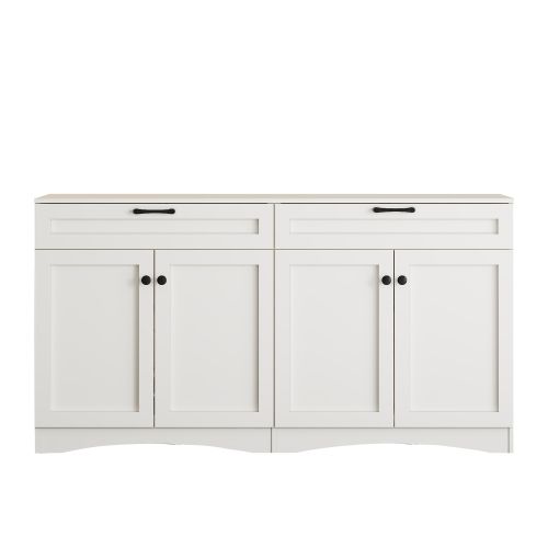 Buffet De Salon, Buffet Blanc Avec 2 Tiroirs, 4 Portes, Design Incurvé, Poignées Noires