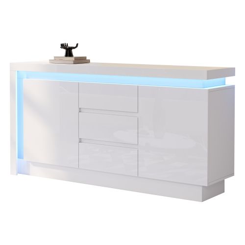 Buffet De Salon, Buffet Blanc Avec Éclairage LED, 3 Tiroirs, 2 Portes, Étagères Réglables