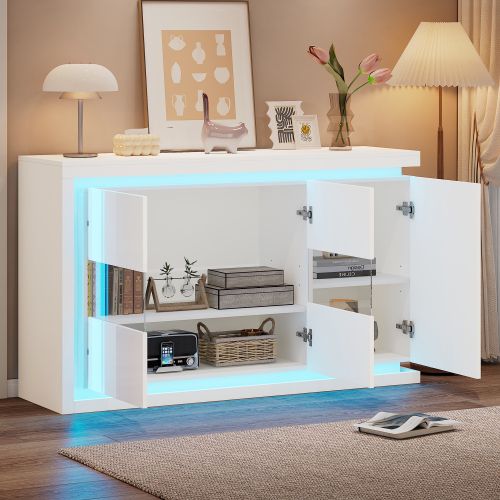 Buffet De Salon, Buffet Blanc Avec Éclairage LED, 2 Portes En Verre Et 1 Porte, Sans Poignées