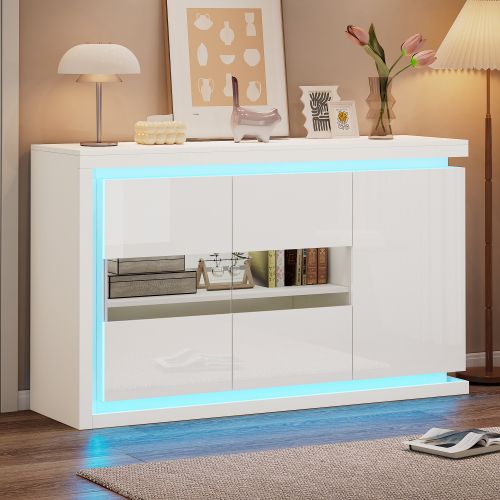 Buffet De Salon, Buffet Blanc Avec Éclairage LED, 2 Portes En Verre Et 1 Porte, Sans Poignées