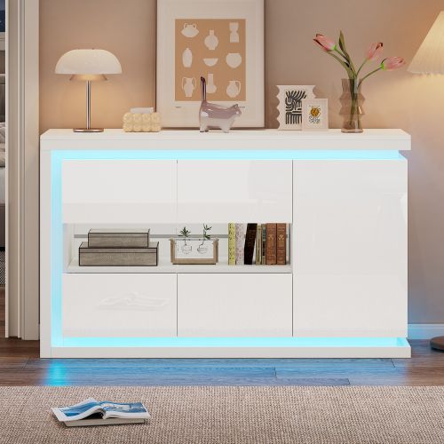 Buffet De Salon, Buffet Blanc Avec Éclairage LED, 2 Portes En Verre Et 1 Porte, Sans Poignées