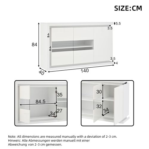Buffet De Salon, Buffet Blanc Avec Éclairage LED, 2 Portes En Verre Et 1 Porte, Sans Poignées