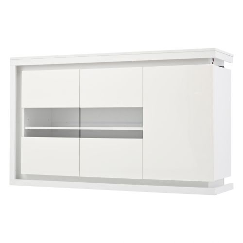 Buffet De Salon, Buffet Blanc Avec Éclairage LED, 2 Portes En Verre Et 1 Porte, Sans Poignées