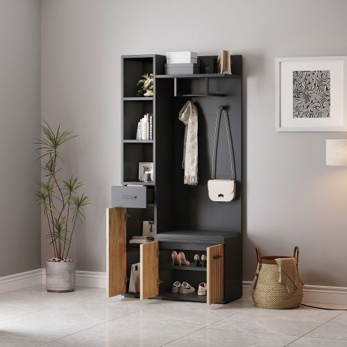 Vestiaire D'entrée Noir Et Bois Avec 2 Patères, Tiroir, Rangement Ouvert, Banc à Chaussures