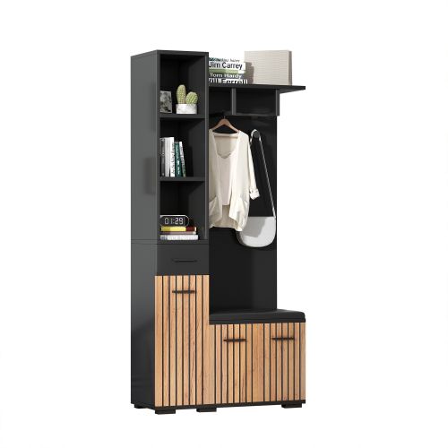 Vestiaire D'entrée Noir Et Bois Avec 2 Patères, Tiroir, Rangement Ouvert, Banc à Chaussures
