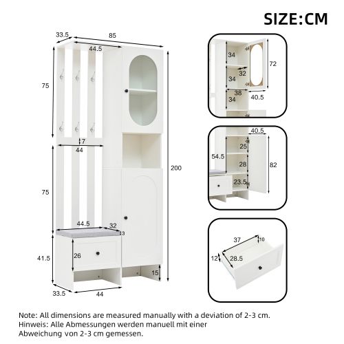 Vestiaire D'entrée Blanc Avec Tiroir, 2 Portes, 6 Patères, Compartiment Ouvert, Banc à Chaussures