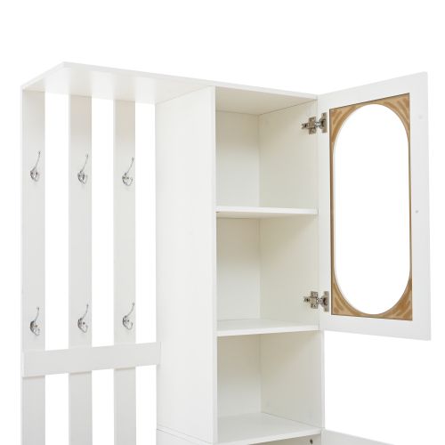 Vestiaire D'entrée Blanc Avec Tiroir, 2 Portes, 6 Patères, Compartiment Ouvert, Banc à Chaussures