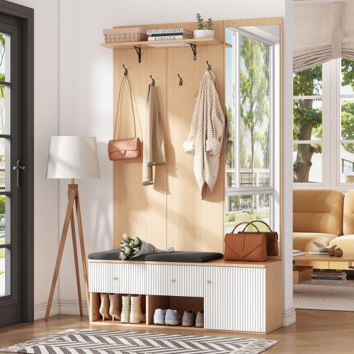 Vestiaire D'entrée Bois Et Blanc Avec Miroir, Banc à Chaussures, 4 Patères, 2 Tiroirs, Étagères