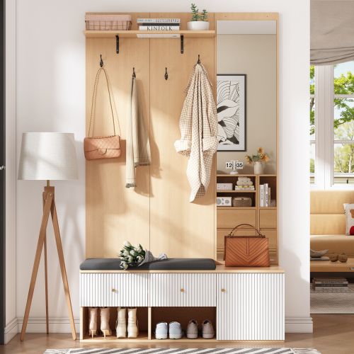 Vestiaire D'entrée Bois Et Blanc Avec Miroir, Banc à Chaussures, 4 Patères, 2 Tiroirs, Étagères