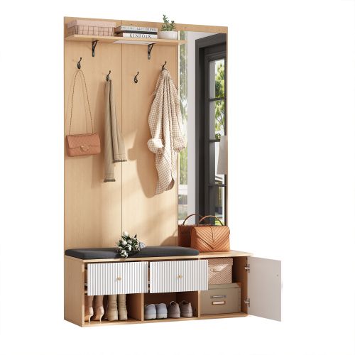 Vestiaire D'entrée Bois Et Blanc Avec Miroir, Banc à Chaussures, 4 Patères, 2 Tiroirs, Étagères