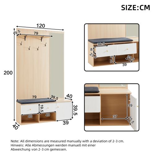 Vestiaire D'entrée Bois Et Blanc Avec Miroir, Banc à Chaussures, 4 Patères, 2 Tiroirs, Étagères