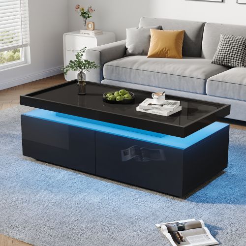 Table Basse Noire Brillante Avec Lumières LED, 2 Tiroirs