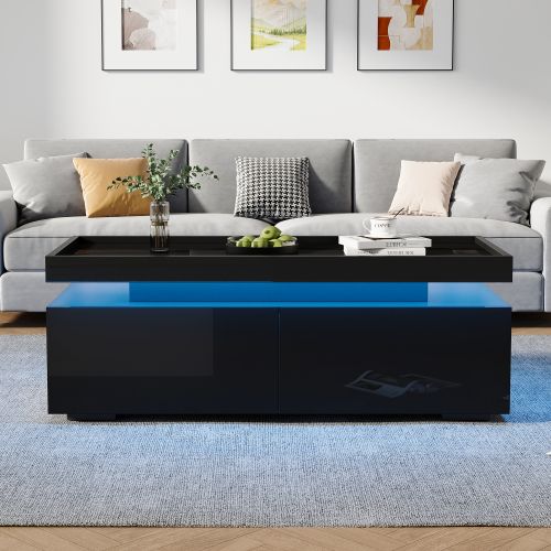Table Basse Noire Brillante Avec Lumières LED, 2 Tiroirs